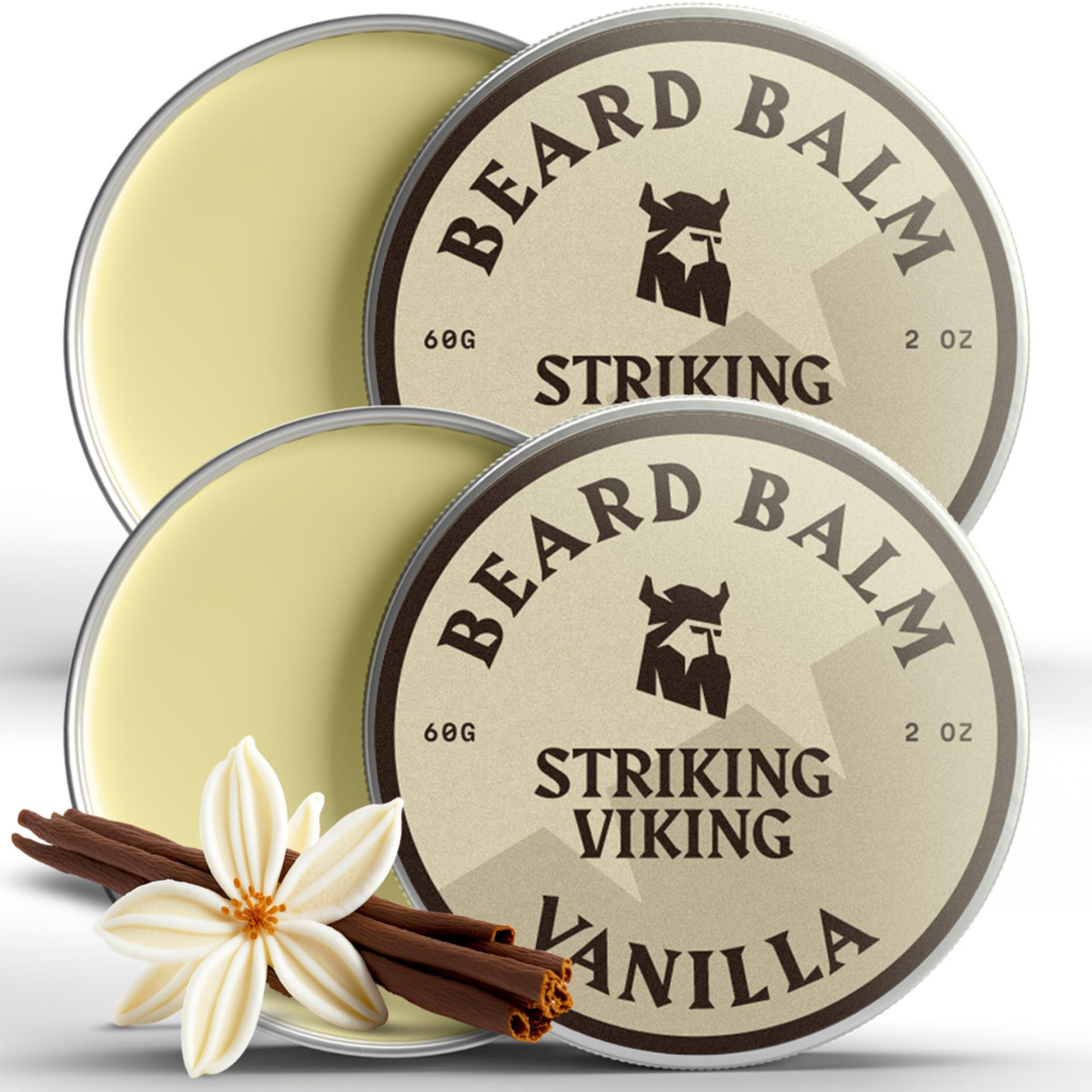 Striking Viking beard balm vanilla tin close-up for hydrated beard texture