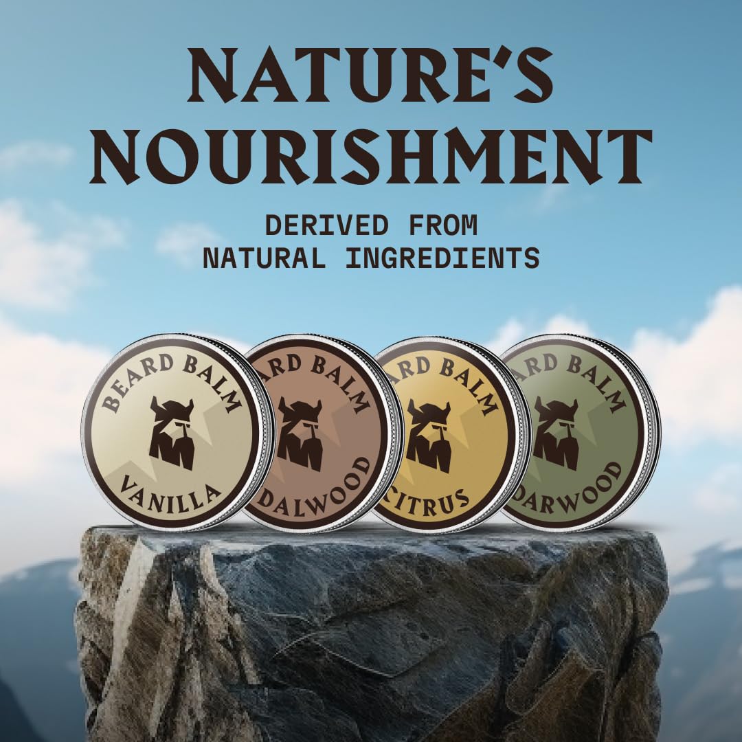Striking Viking beard balm vanilla scent offers warm aroma for relaxed grooming.