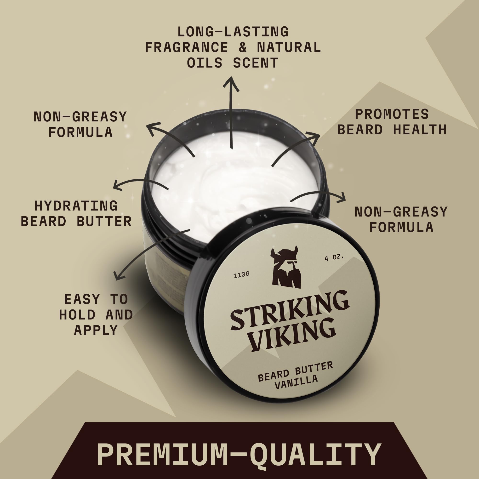 Striking Viking beard butter multi-use bottle demonstrates pre-shave and leave-in care