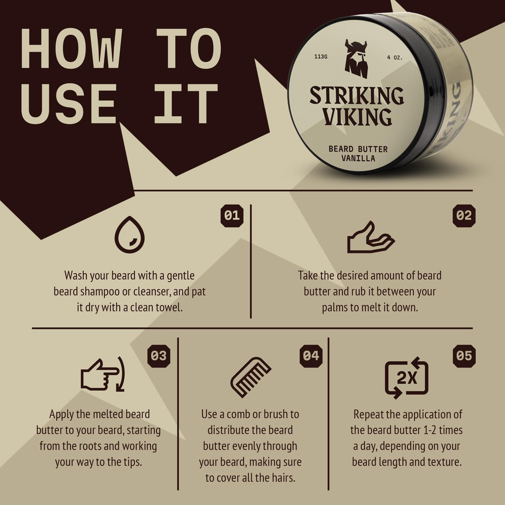 Striking Viking beard butter vanilla scent close-up emphasizing nourishing formula