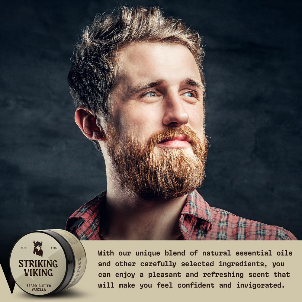 Striking Viking beard butter close-up on nourishing ingredients for healthy-looking beard