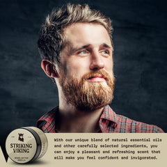 Striking Viking beard butter close-up on nourishing ingredients for healthy-looking beard