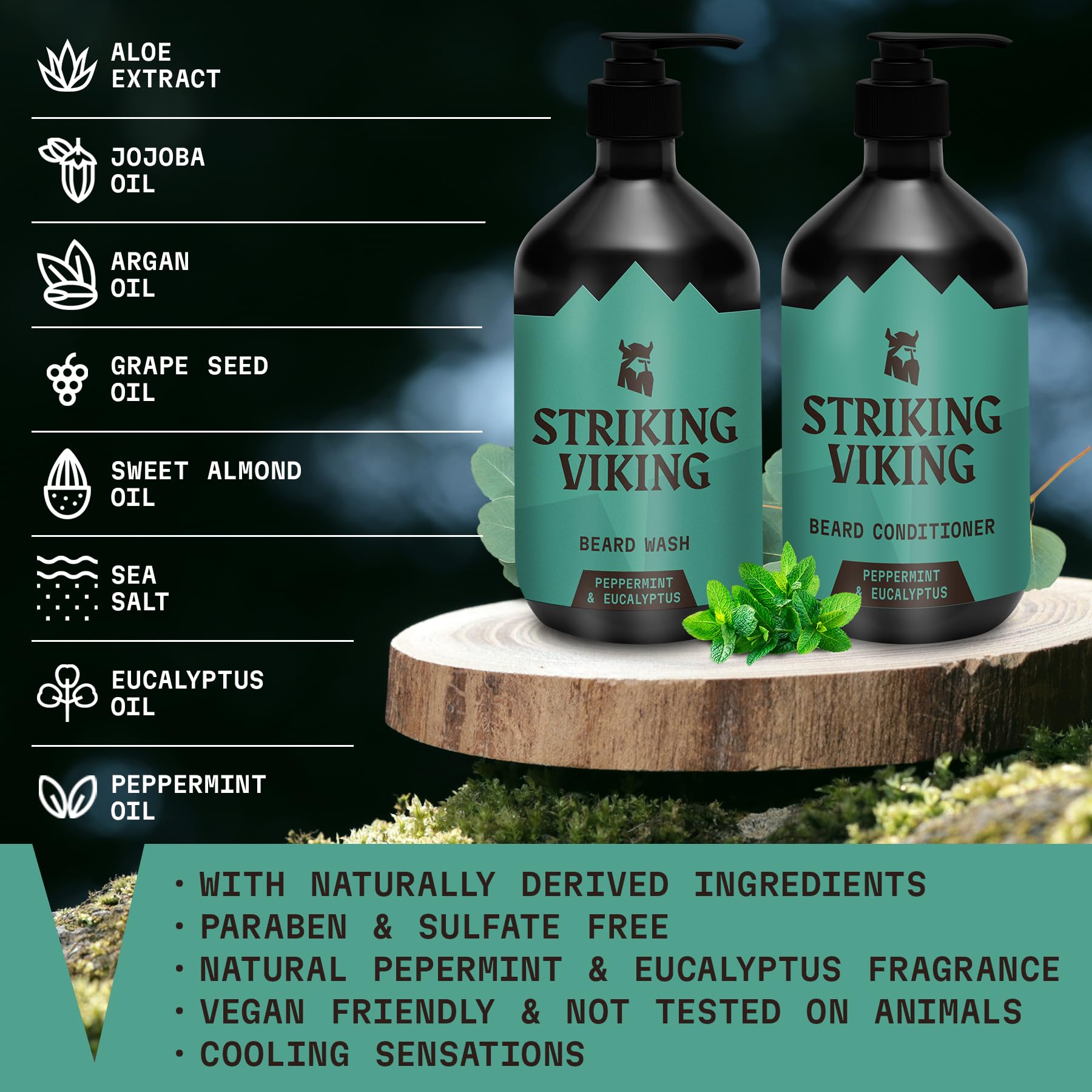 Striking Viking beard conditioner front bottle; helps soften and hydrate for smoother beard