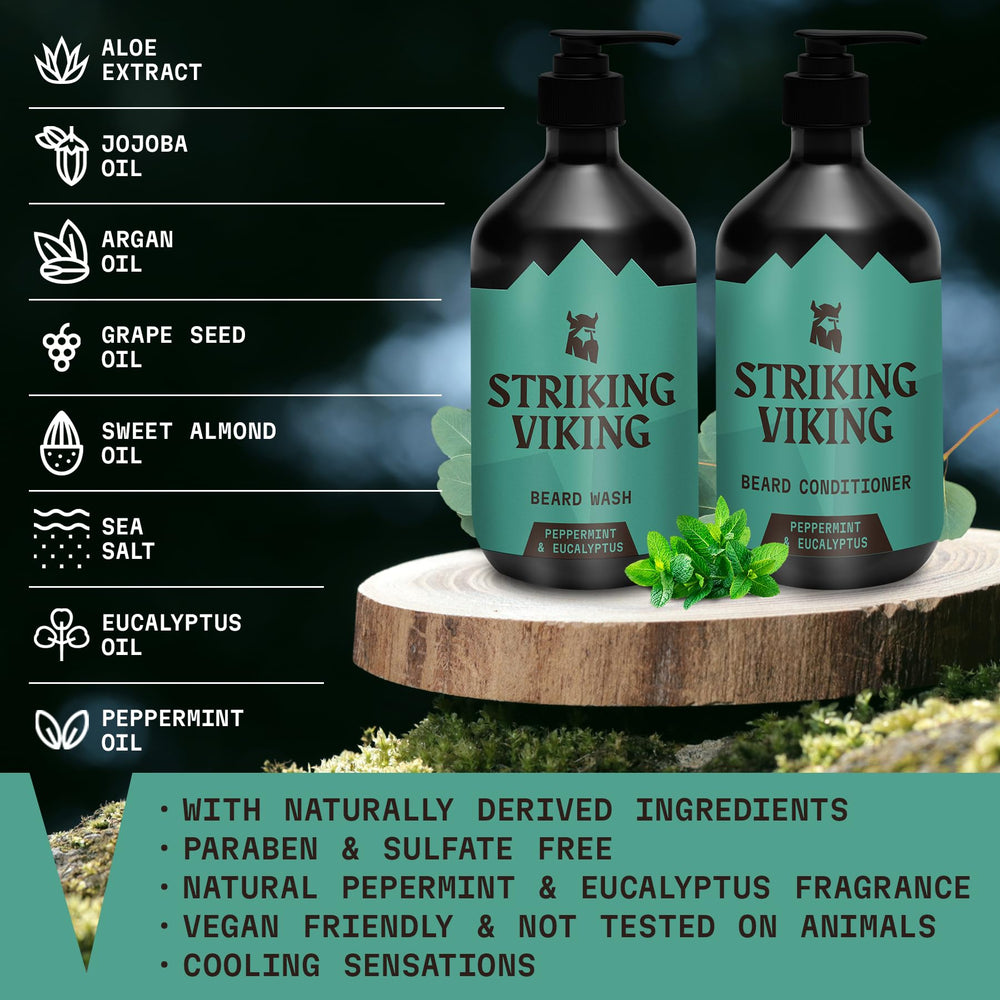 Striking Viking beard conditioner front bottle; helps soften and hydrate for smoother beard