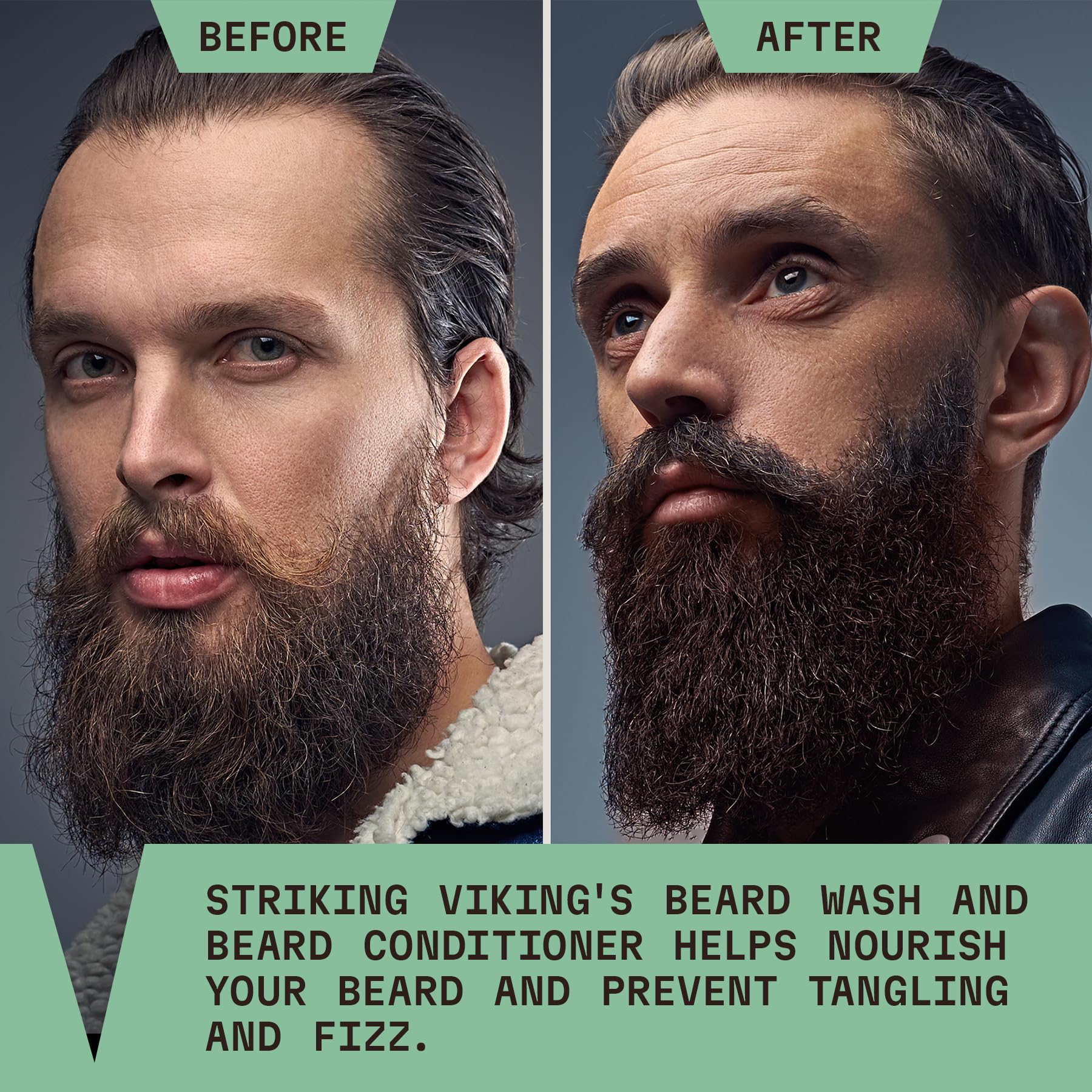 Striking Viking beard conditioner tea tree apply demonstrating detangling and smoother finish.