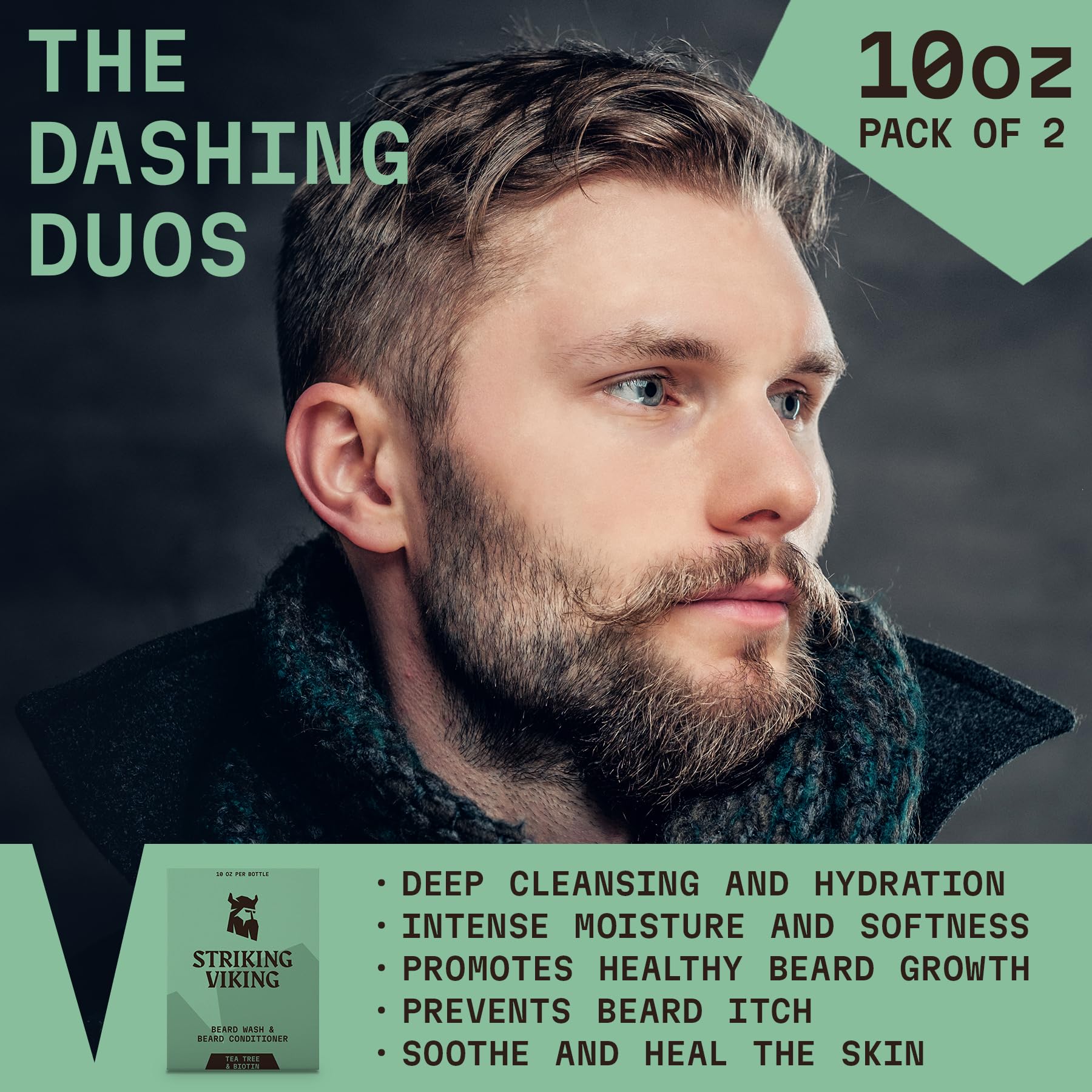 Striking Viking beard conditioner tea tree bottle offering conditioning without weighing hair down.
