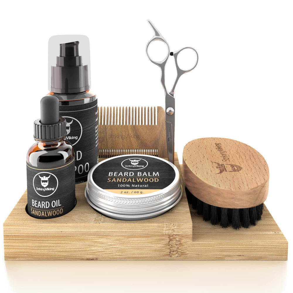 Striking Viking beard growth kit with caddy and oil-balm for organized daily grooming.