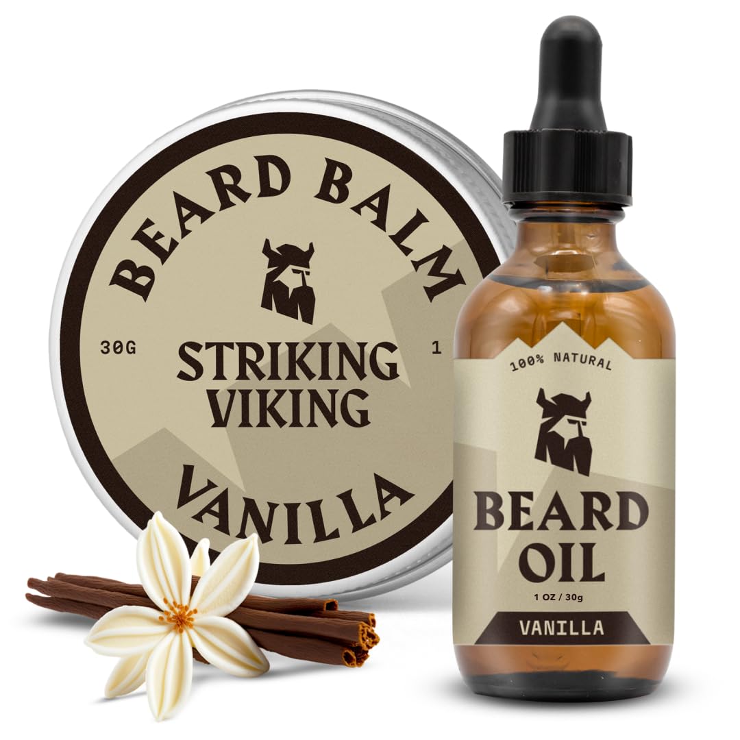 Striking Viking Beard Oil amber bottle pour shows deep hydration and easy application.
