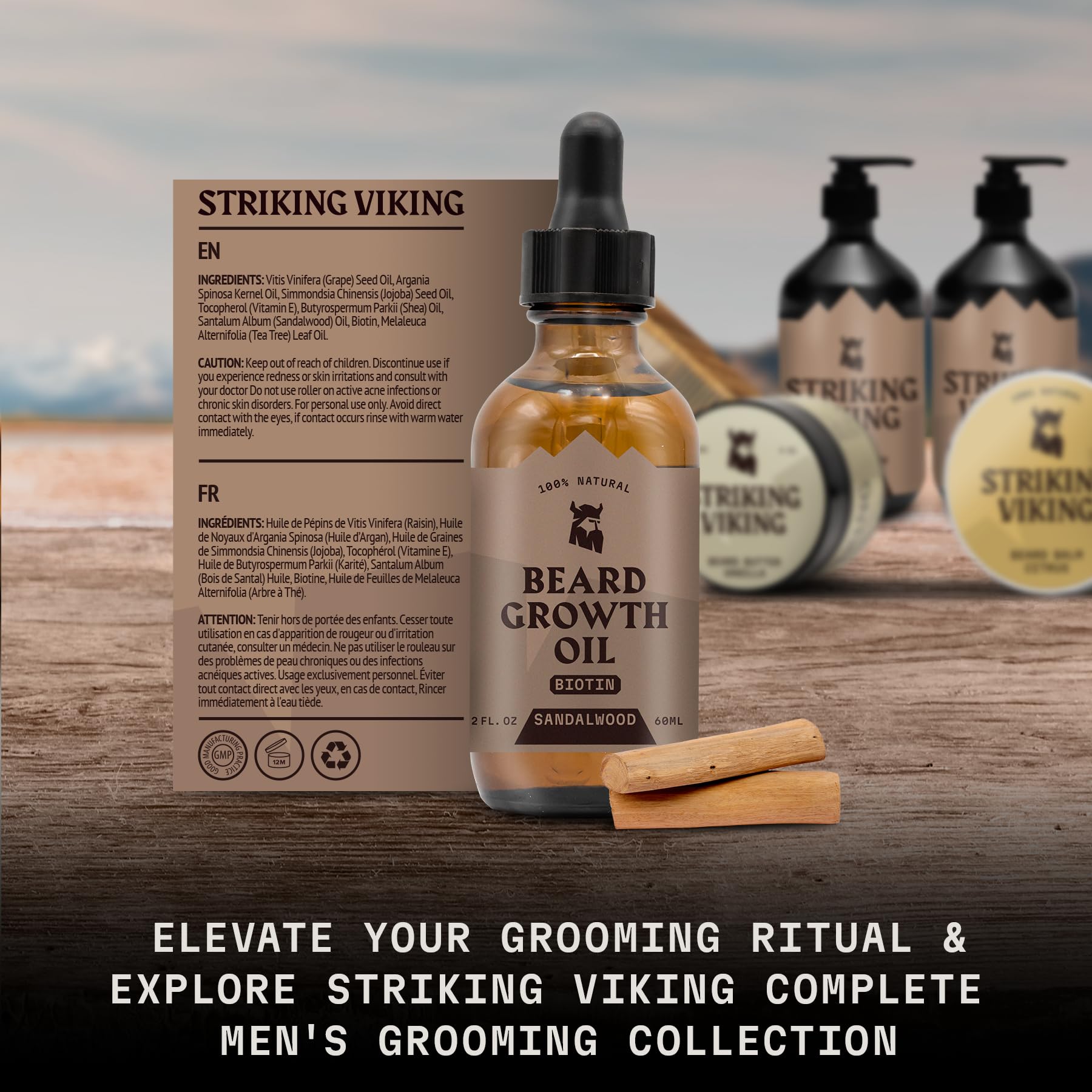 Striking Viking bottle emphasizes ingredients like castor and grapeseed oils.