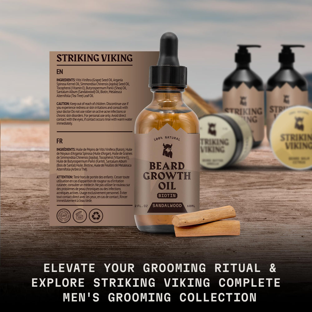 Striking Viking bottle emphasizes ingredients like castor and grapeseed oils.
