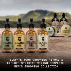 Striking Viking citrus bottle adds refreshing scent while nourishing beard fibers.