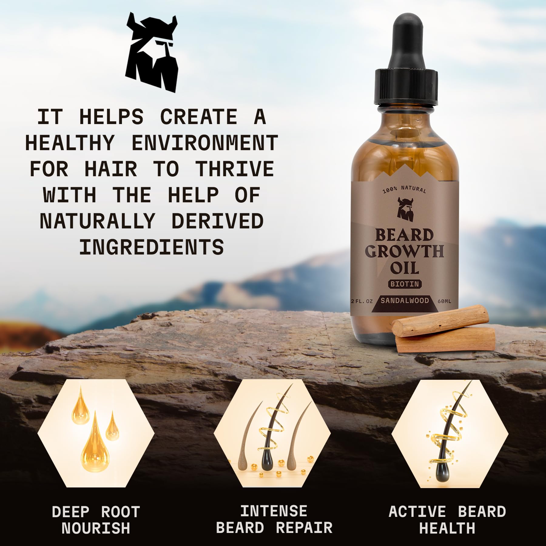 Striking Viking beard oil packaging ready for travel and on-the-go use.