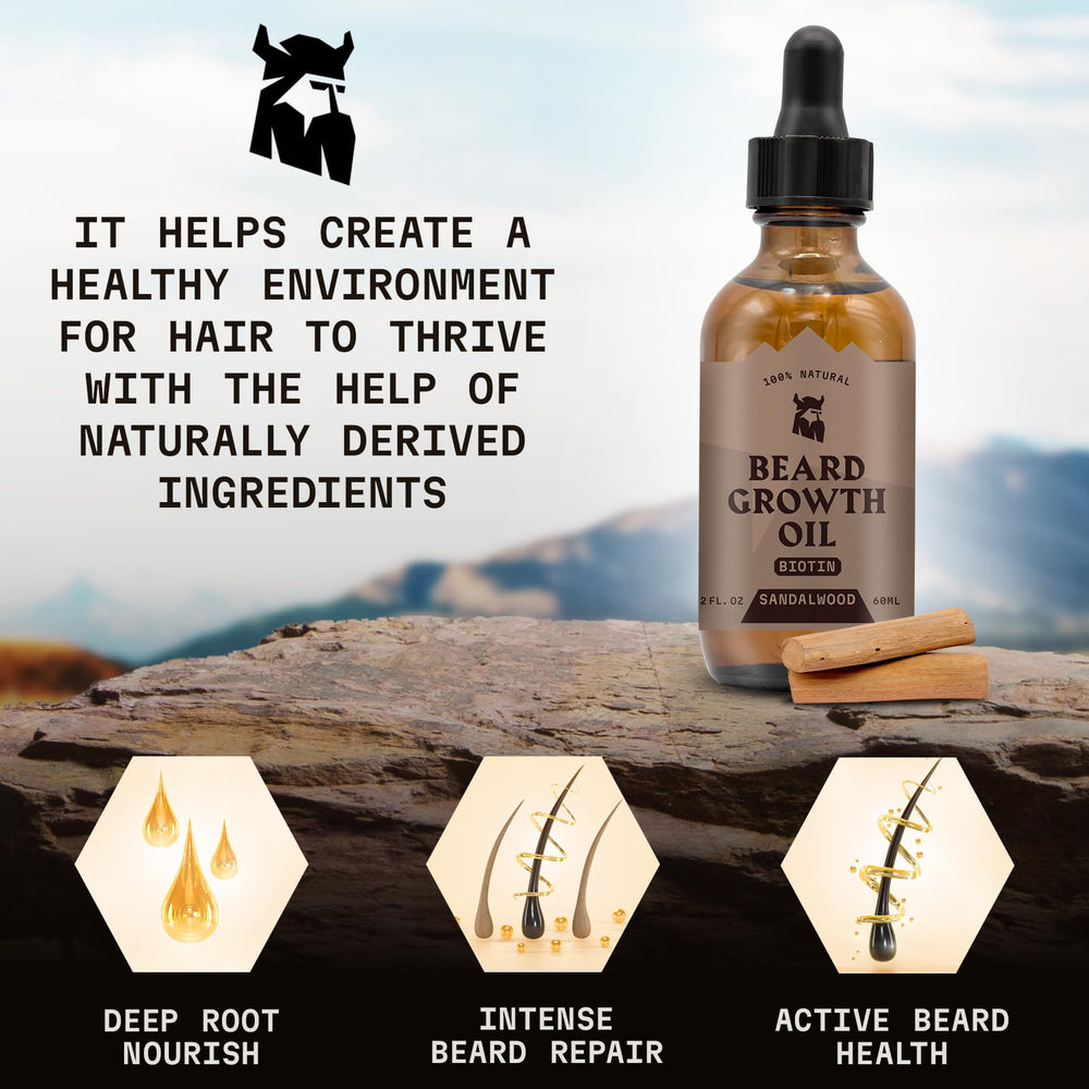 Striking Viking beard oil packaging ready for travel and on-the-go use.