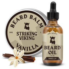 Striking Viking beard oil vanilla bottle for deep hydration and vanilla aroma.