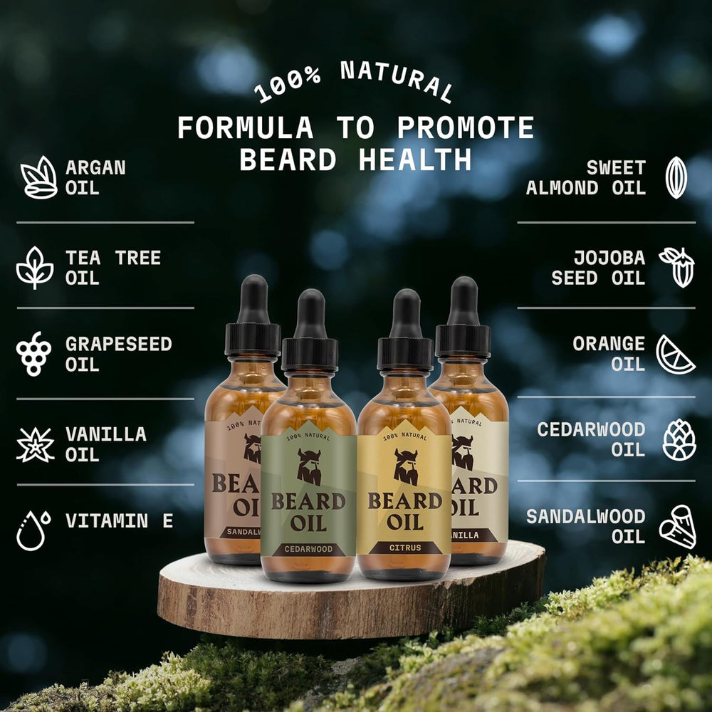 Striking Viking variety-pack box shows four scents for versatile beard rituals.