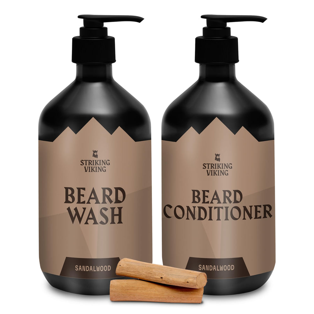 Striking Viking beard wash bottle shows paraben-free formula for all beard types