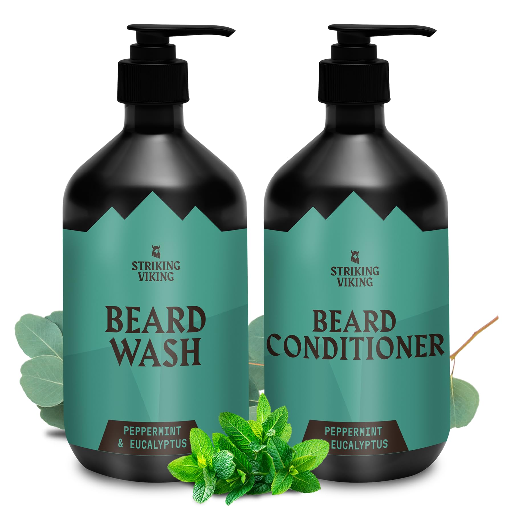 Striking Viking beard wash front bottle; refreshing mint cleanse for daily beard care