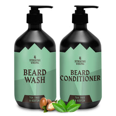 Striking Viking beard wash tea tree bottle for deep cleansing across beard types.