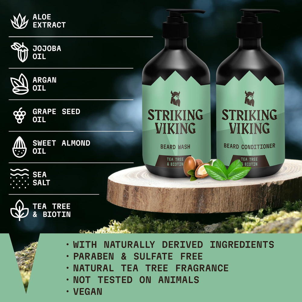 Striking Viking beard wash tea tree foam showing rich lather for thorough cleansing.