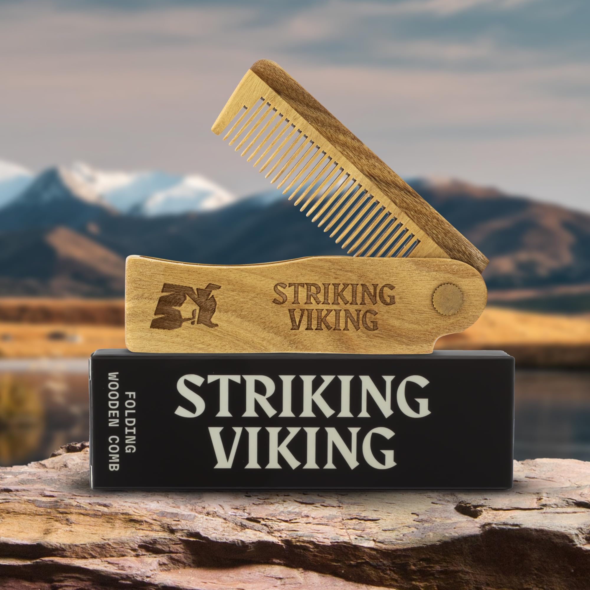 Striking Viking sandalwood closed-compact, sturdy pocket-ready design.