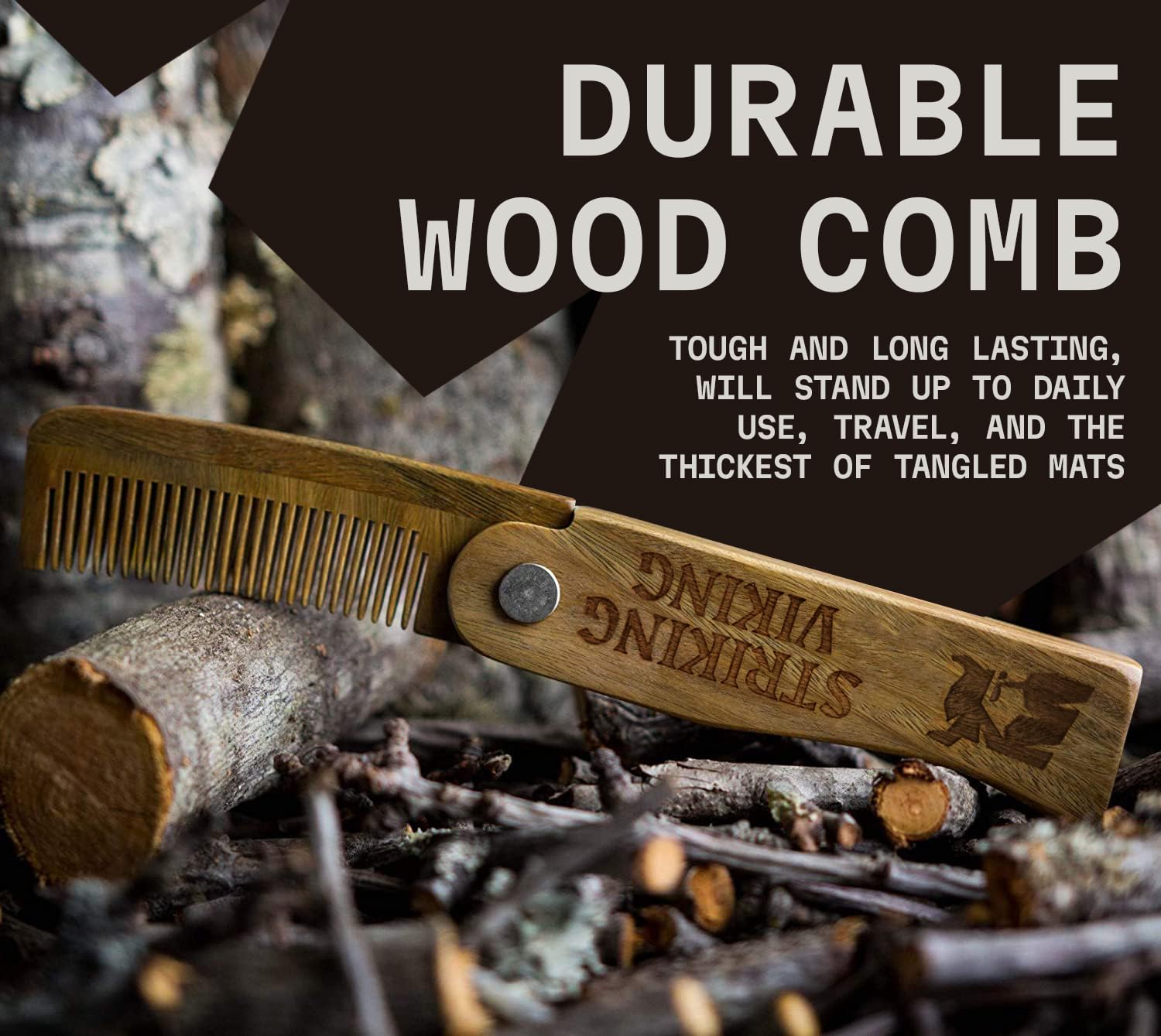 Striking Viking folding sandalwood comb in pocket, portable grooming tool.