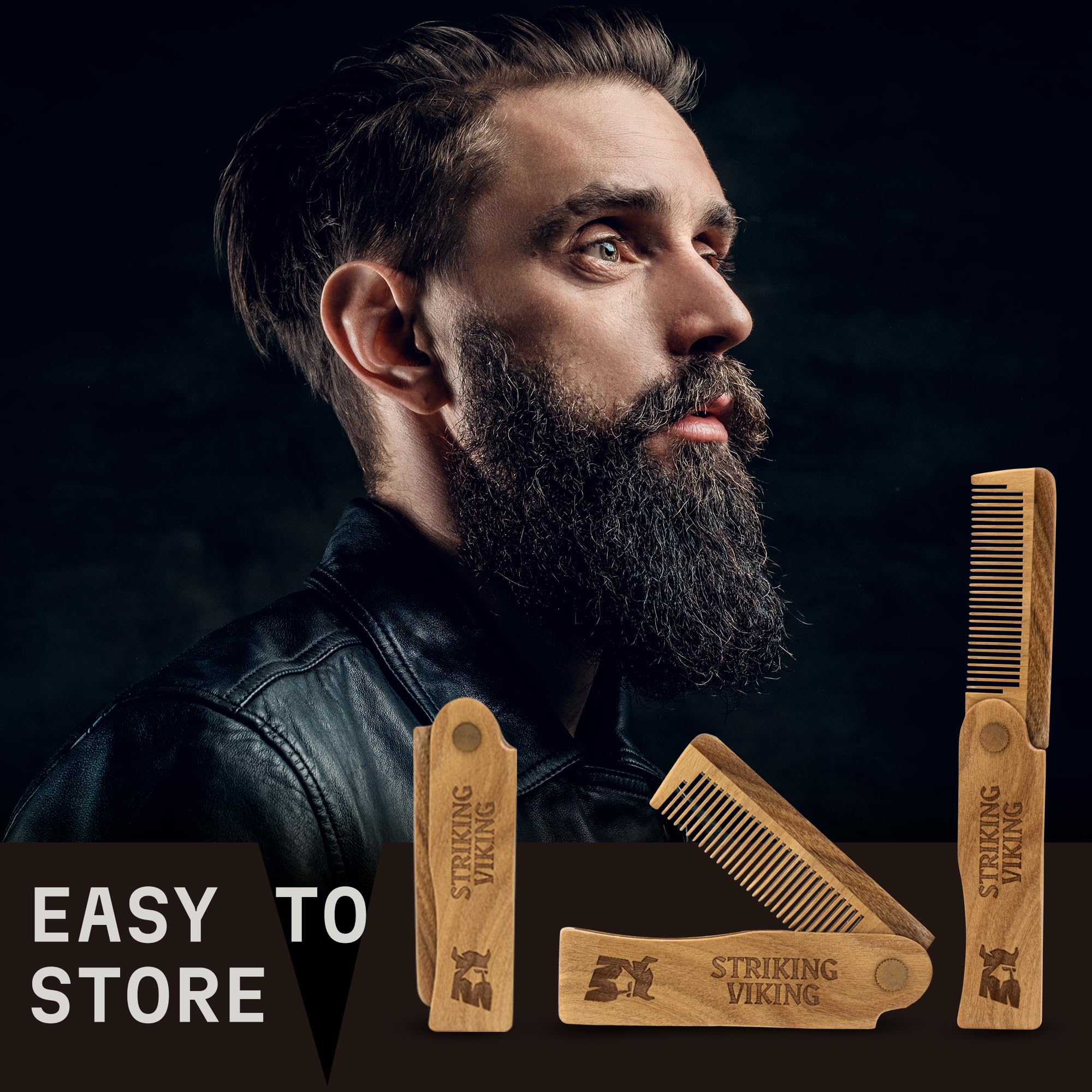 Striking Viking sandalwood travel-compact comb, ideal for beards on the go.