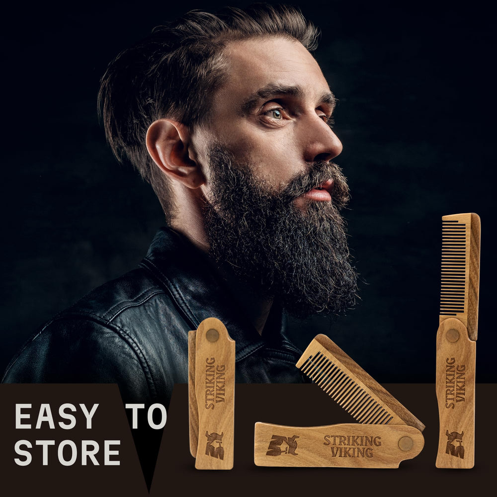 Striking Viking sandalwood travel-compact comb, ideal for beards on the go.