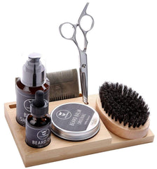Striking Viking grooming tray displays beard wash and comb in a clutter-free setup.