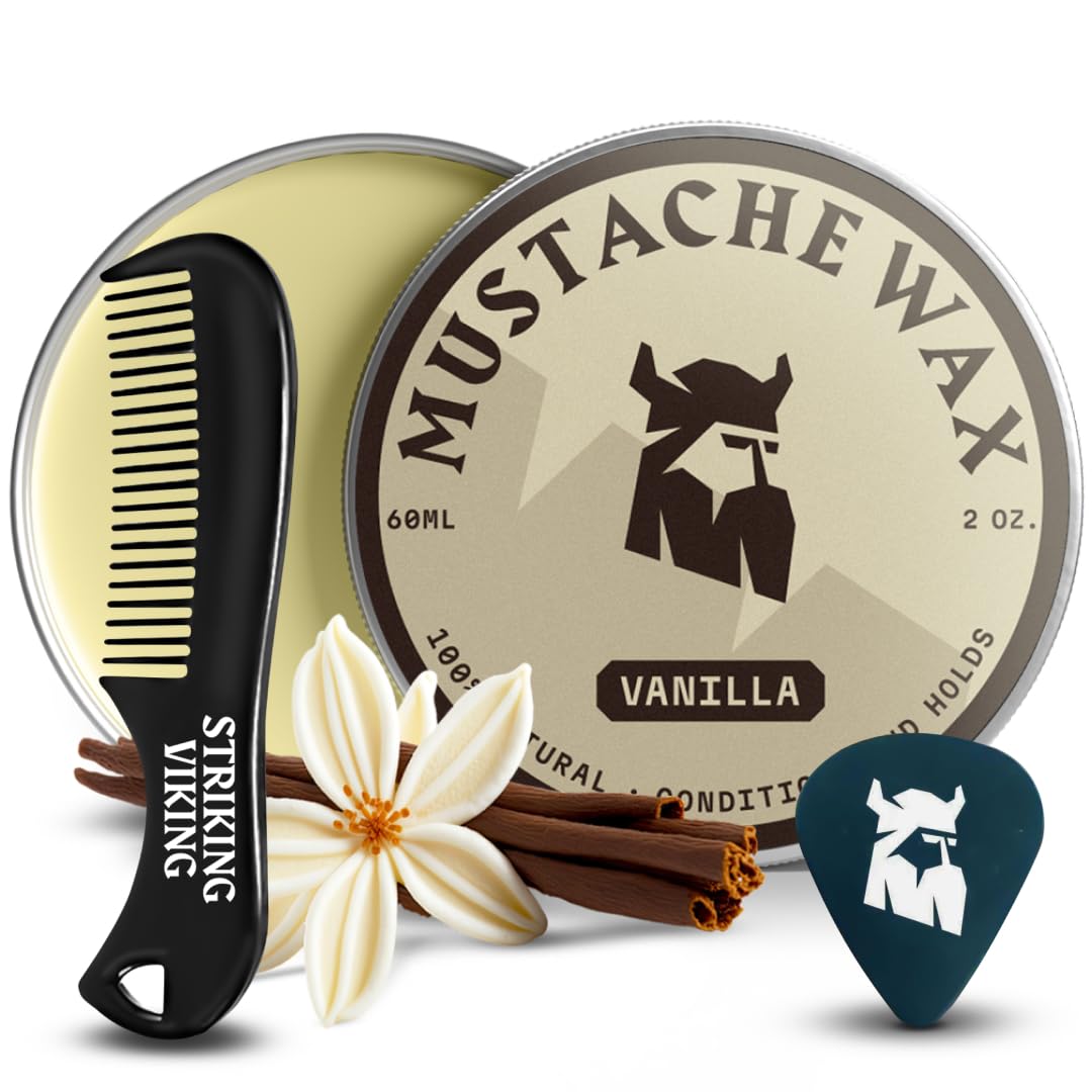 The Striking Viking mustache wax kit with comb, vanilla scent, and strong hold.