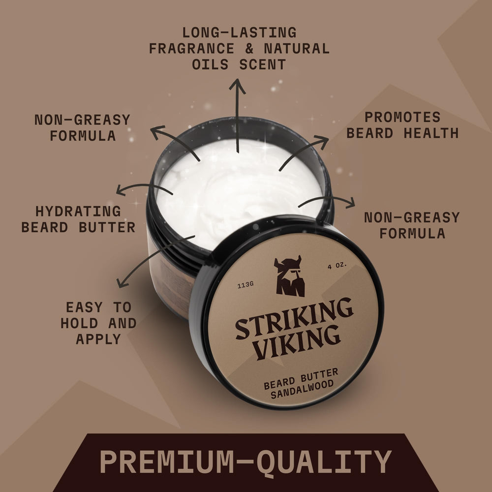 Striking Viking sandalwood beard softener jar shows creamy non-greasy formula for easy use.