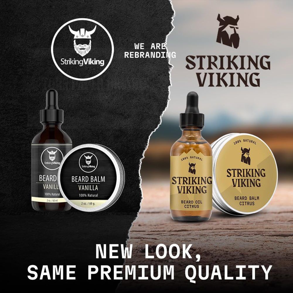 Striking Viking sandalwood beard softener packaging conveys premium grooming.