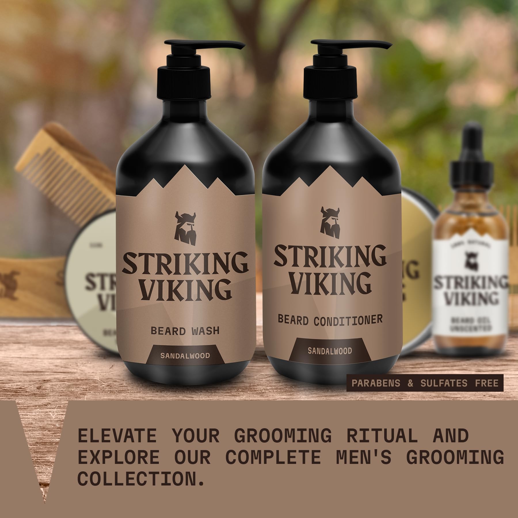 Striking Viking sandalwood aroma bottle highlighting calming scent for daily grooming