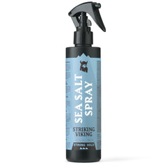 Striking Viking sea salt spray bottle on display, offering strong hold for textured beachy hair.