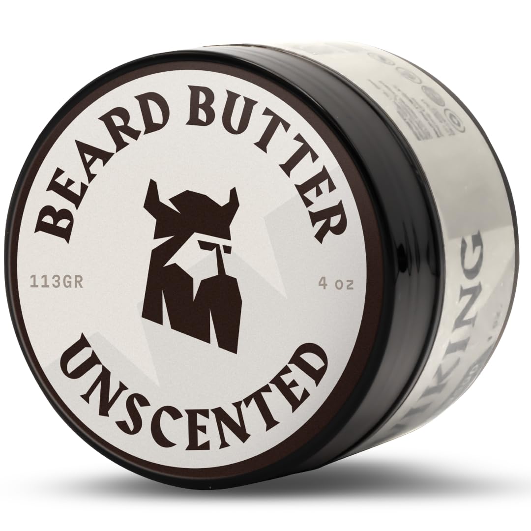 Striking Viking unscented beard butter 4oz packaging demonstrates easy-on-the-go hydration.