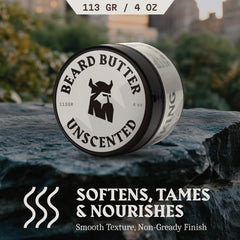 Striking Viking unscented beard butter applying to beard shows easy smoothing and tame whiskers.
