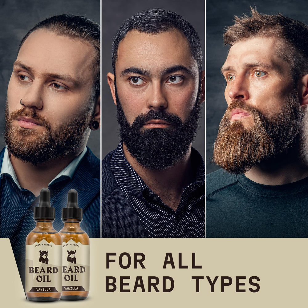 Close-up of Striking Viking Vanilla Beard Oil application for quick absorption.