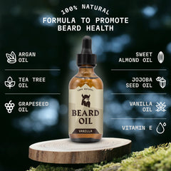 Ingredient blend shows argan and jojoba within Striking Viking Vanilla Beard Oil.
