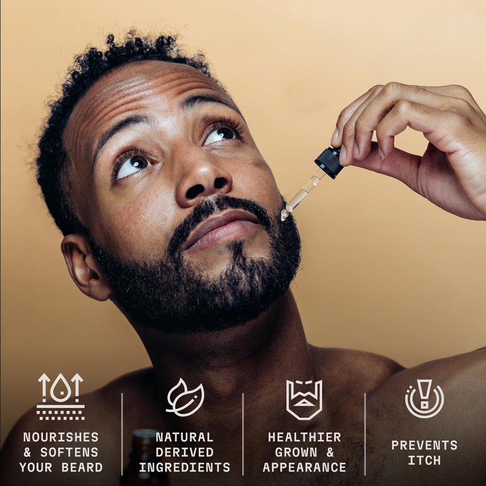 Relief from itch and flakes illustrated by Striking Viking Vanilla Beard Oil.