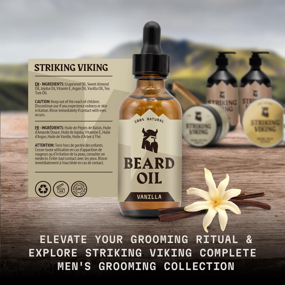 Two-pack Striking Viking Vanilla Beard Oil for travel and routine scent diffusion.