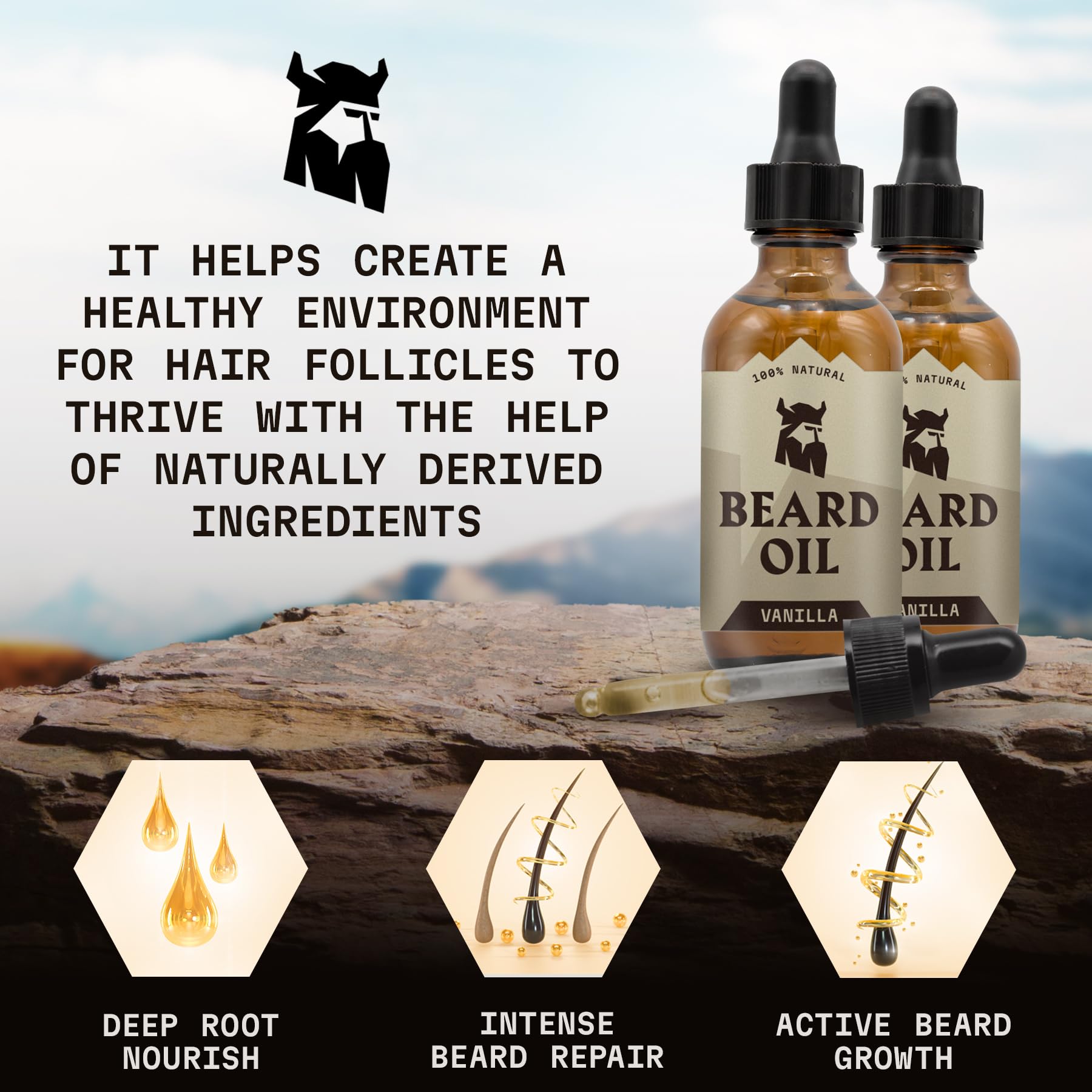 Vanilla-scented Striking Viking Beard Oil applied for soft, well-groomed beard.
