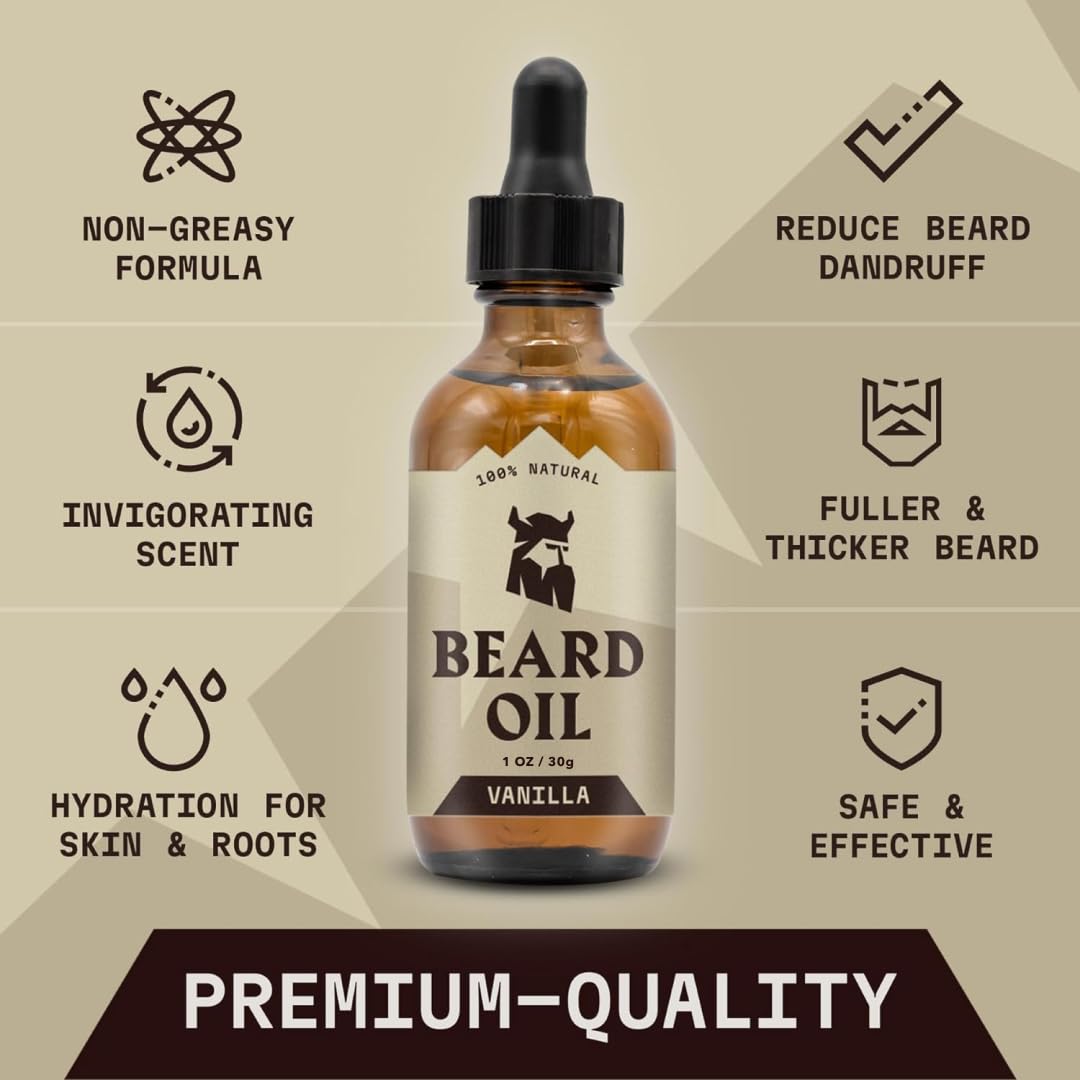 Striking Viking Vanilla Beard Oil application highlights hydrated, softly scented beard.