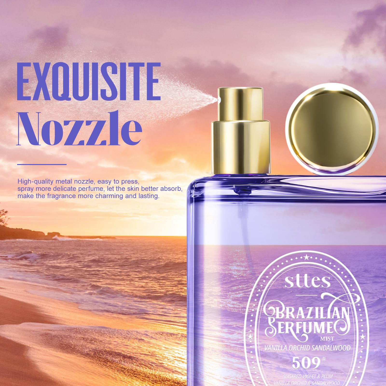 Sttes Perfume 509# beach-inspired scene conveying tropical freshness
