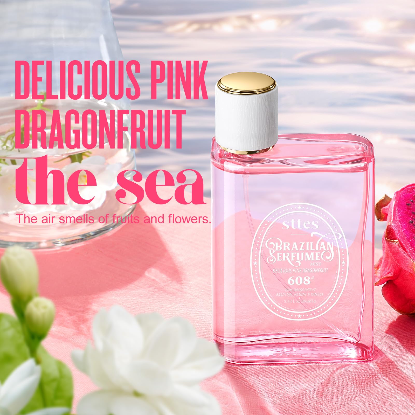 Sttes 608 glass bottle with pink liquid suggests refreshing daytime wear.