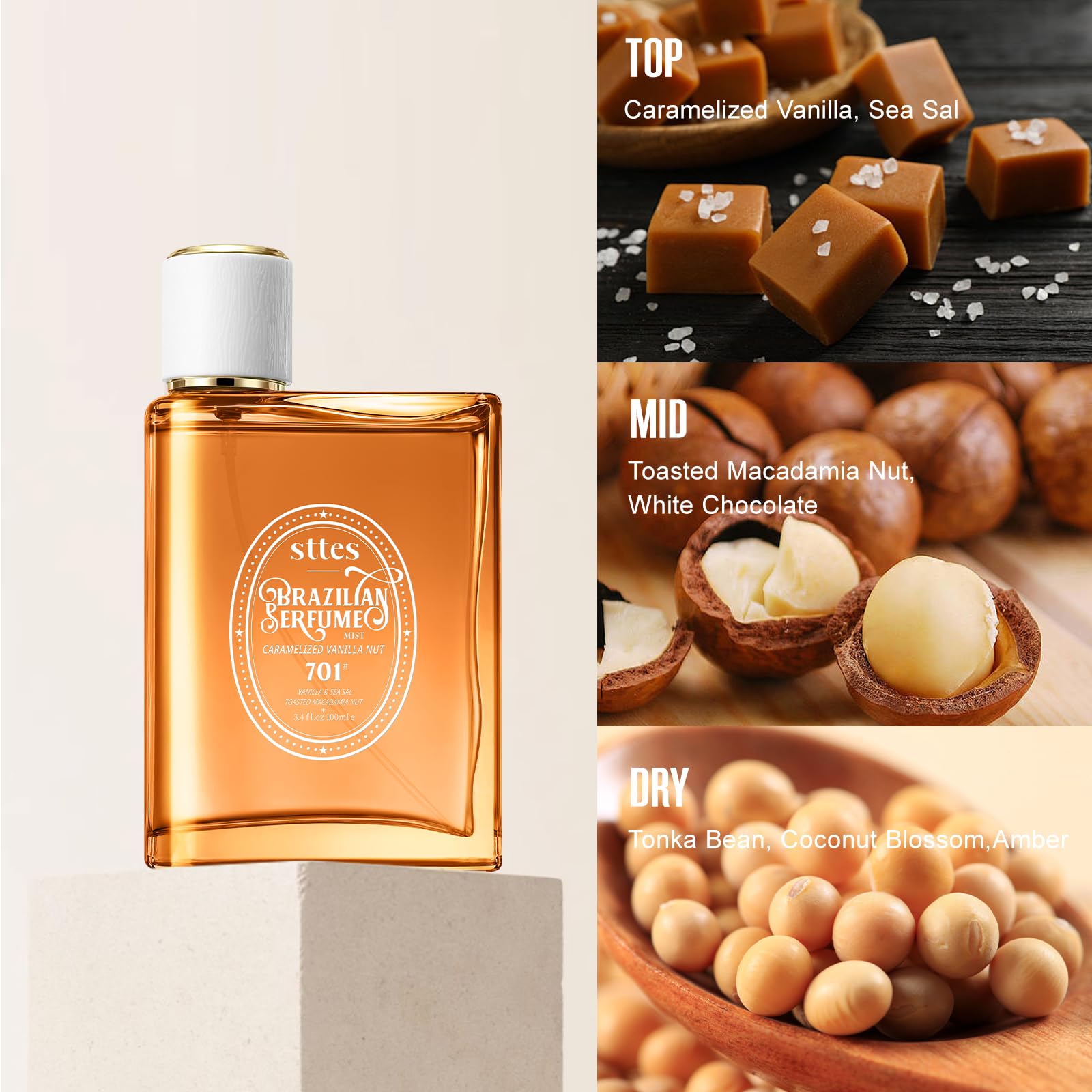 Sttes 701 fragrant-beans-coconut-flowers-amber bottle-close-up with luxurious glow