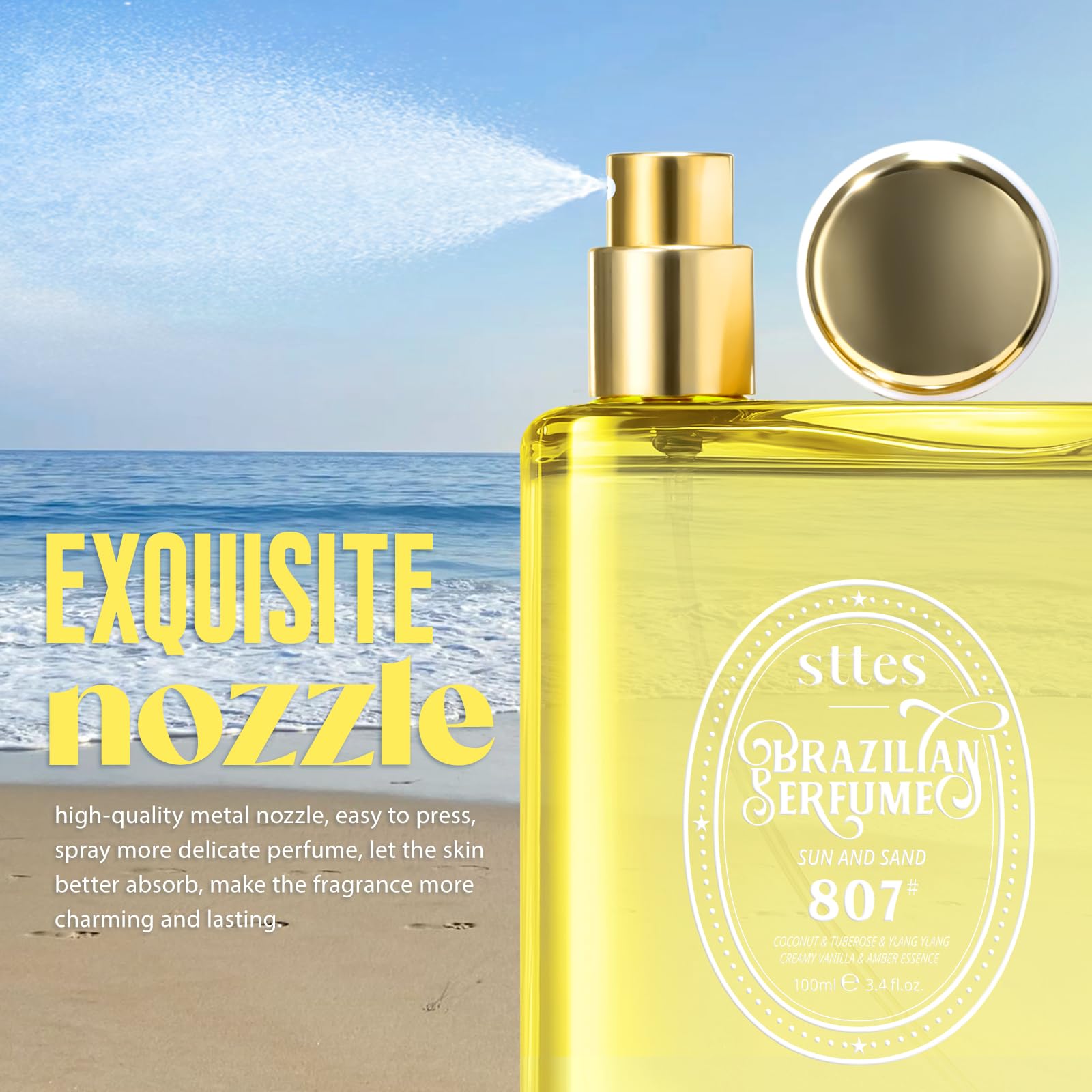 Sttes Sun and Sand spray mist shown mid-air highlights light, not overpowering aroma