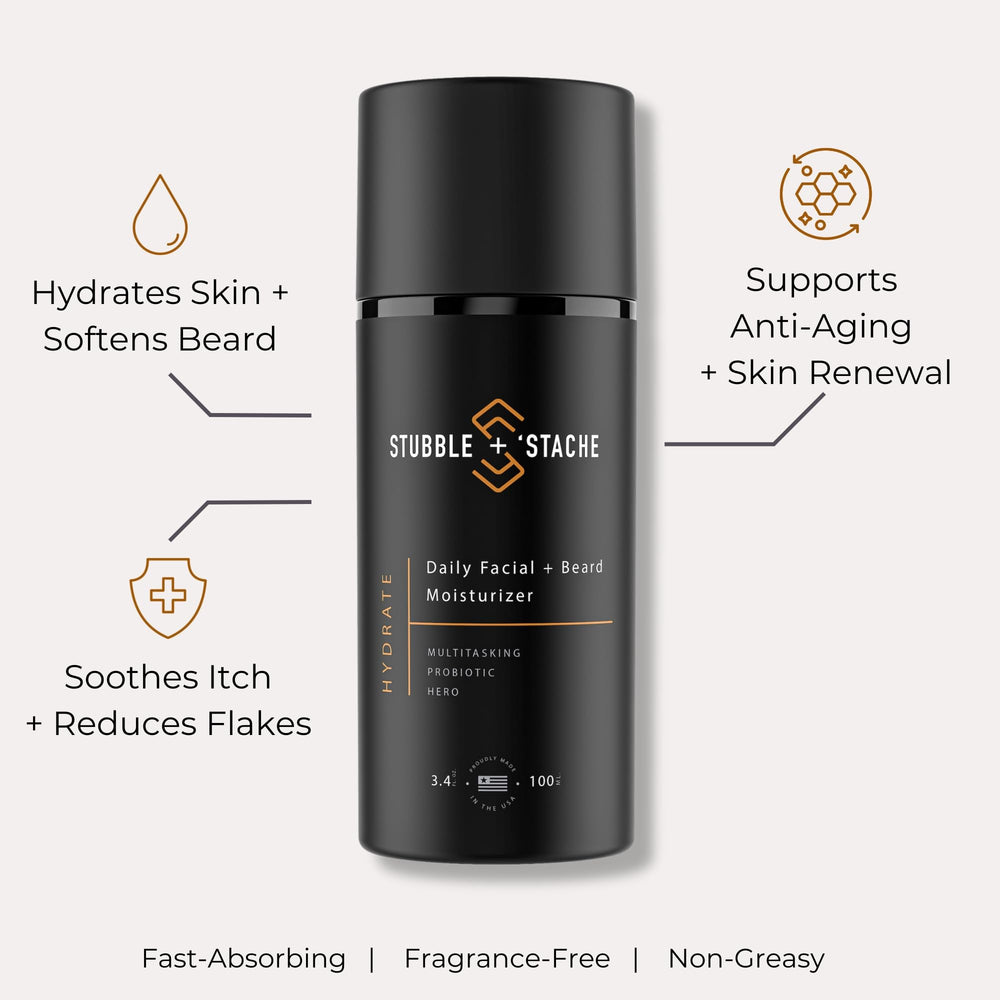 Stubble & Stache face hydration application showcases fast-absorbing formula.