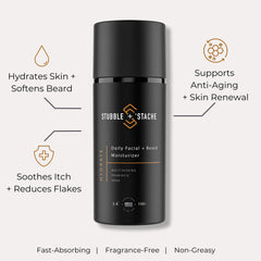 Stubble & Stache face hydration application showcases fast-absorbing formula.