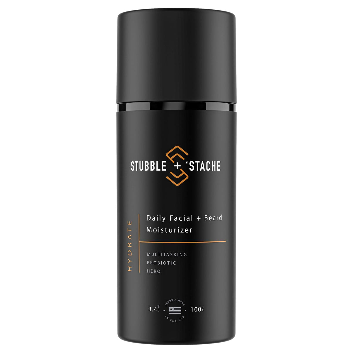 Stubble & Stache moisturizer jar closeup for all-day hydration and beard softness.