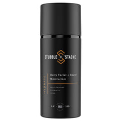 Stubble & Stache moisturizer jar closeup for all-day hydration and beard softness.
