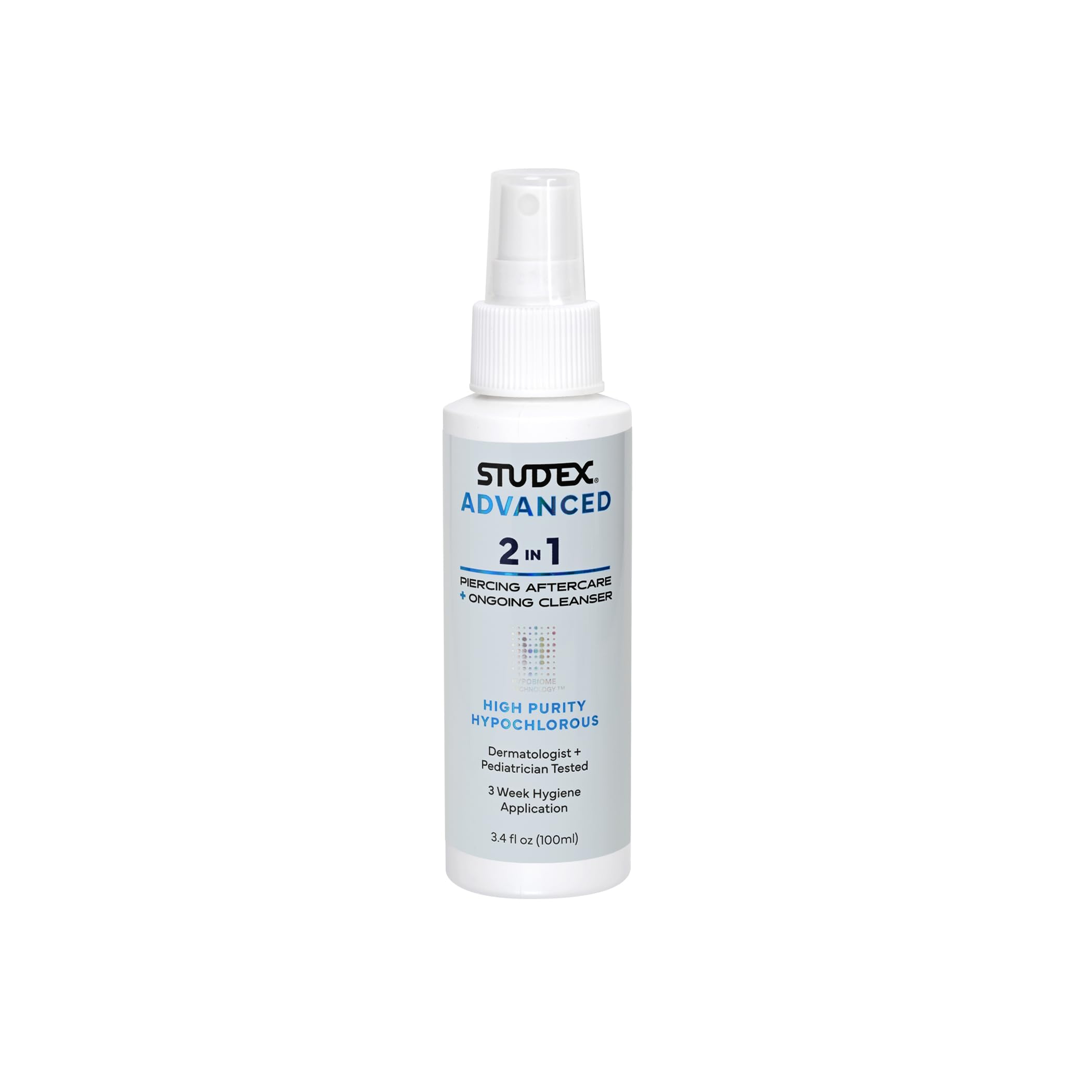 Studex Advanced 2-in-1 aftercare bottle shows compact skin-friendly piercing care.